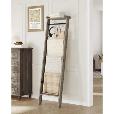 Blanket Ladder Shelf For Living Room, Decorative Quilt Rack With Storage Shelf, 6-Tier Farmhouse Ladder Holder Organizer With 4 Removable Hooks For Bedroom