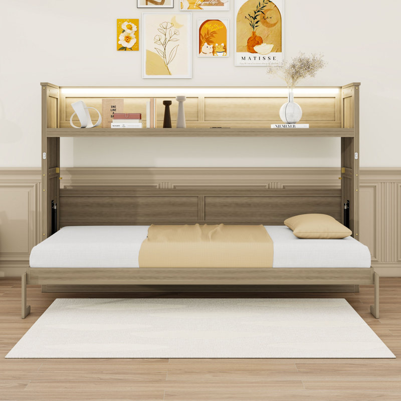Lit escamotable simple en bois avec bureau, lumière DEL et station de charge USB