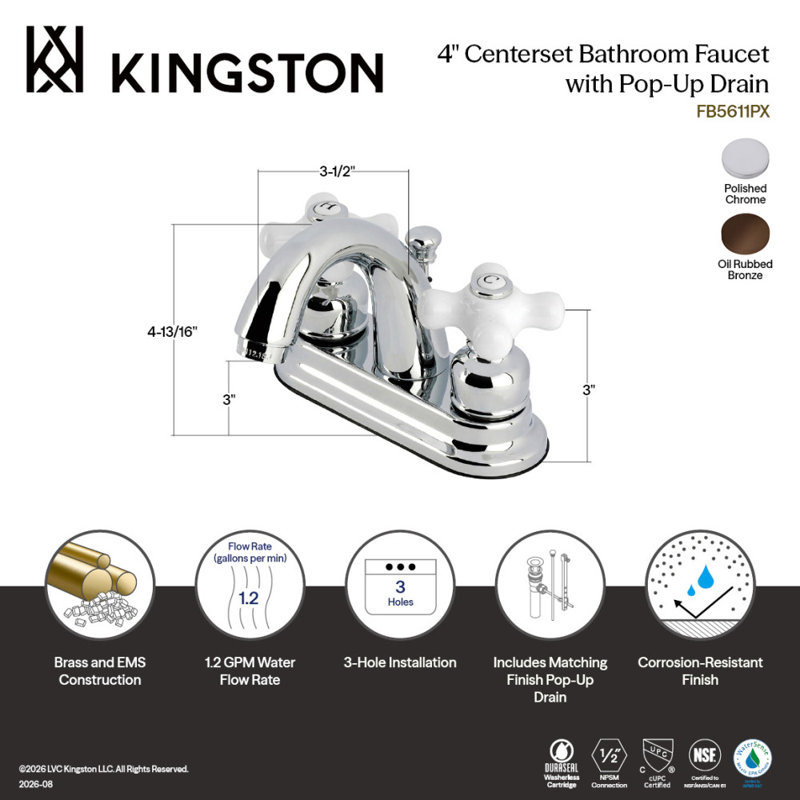 Robinet de salle de bain central à fixation à deux poignées à 3 trous à fixation sur le comptoir 4 po Kingston, Bronze huilé