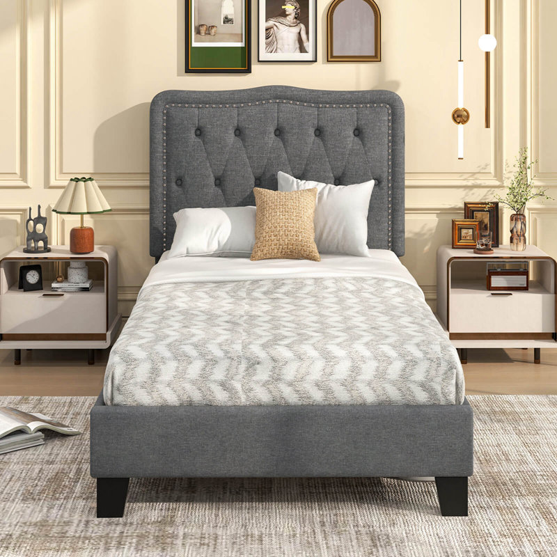 Twin Size Bed Frame With 46" Tall Button Tufted Headboard Wooden Slats Support