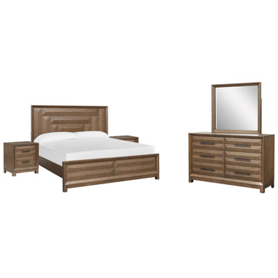 Grand lit à panneau 2 tables de chevet et commode avec miroir