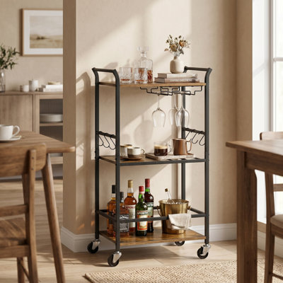Chariot-bar roulant à 3 niveaux de 17,5 po avec porte-bouteilles et porte-verres