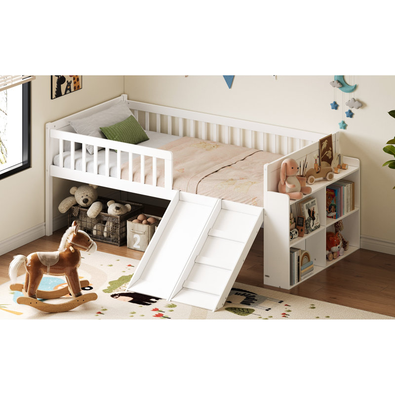 Lit simple avec tablette de rangement, garde-corps plateforme, glissière et pour, taille en bois blanc, sans sommier, problème d'assemblage, structure de poids de 350 lb, taille de lit, coupe transparente 85,4 x 41,9 x 34,1 po