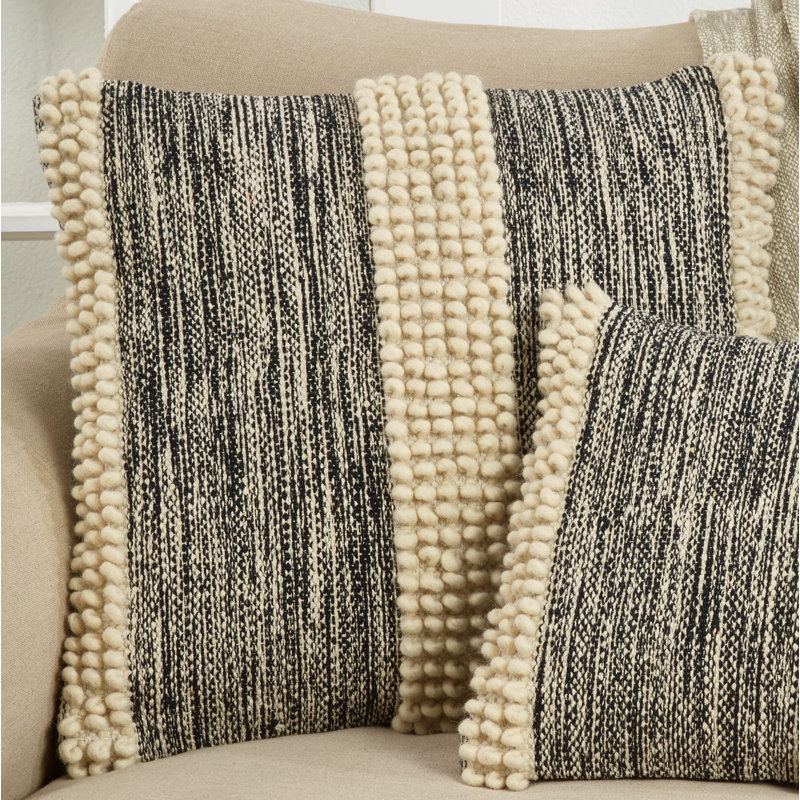 Cream and Black Pom-Pom Striped Cotton Throw Pillow