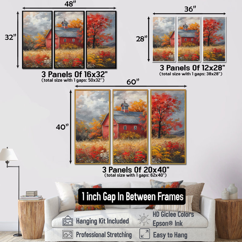Autumn Red Barn Breeze I - Ensemble d'art mural de grange, Cadre flottant blanc, 32" H x 48" W