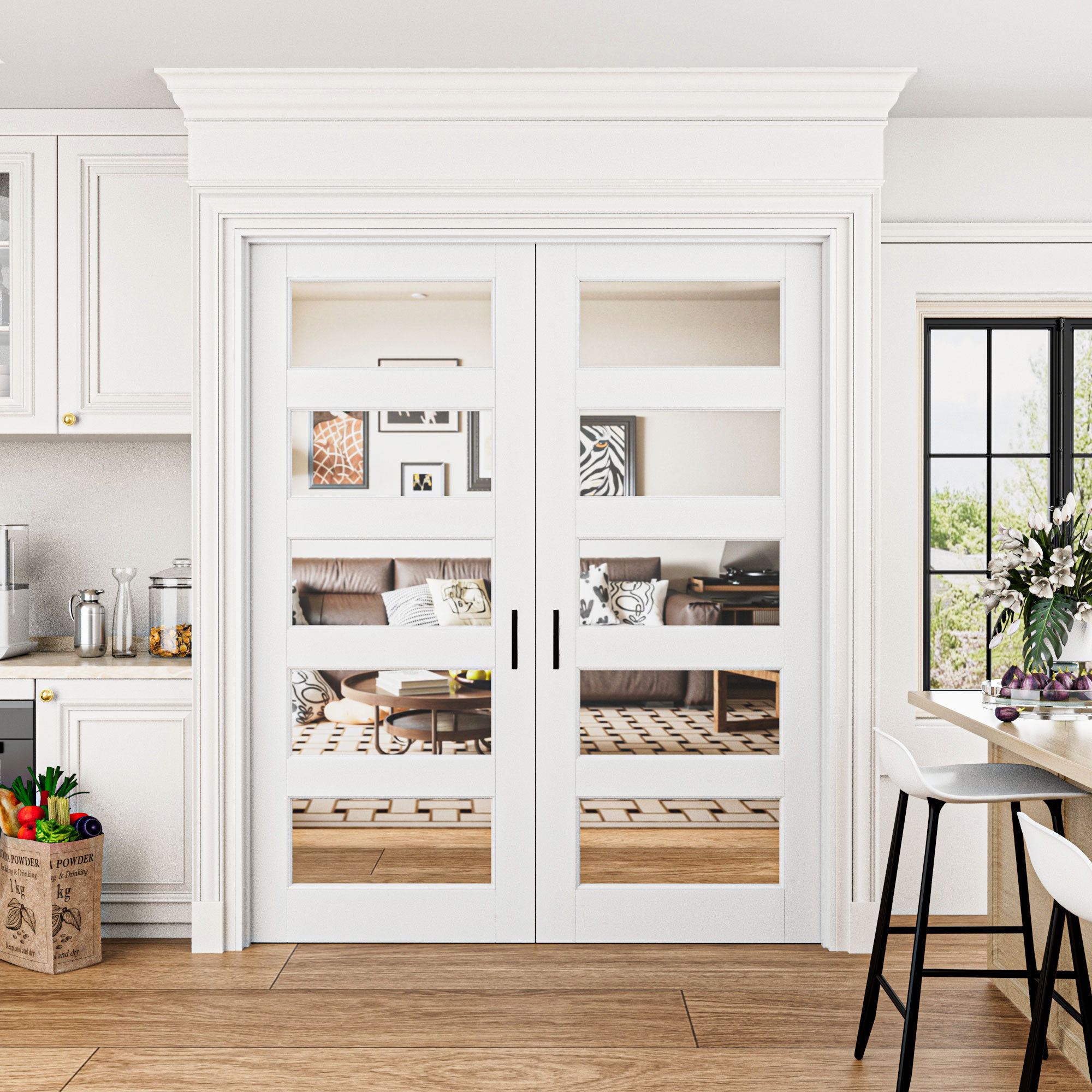 Win Stellar 5-Lite Clear Glass French Doors Interior White Primed Solid Core Pantry Door With Ball Catch / Handles | Wayfair