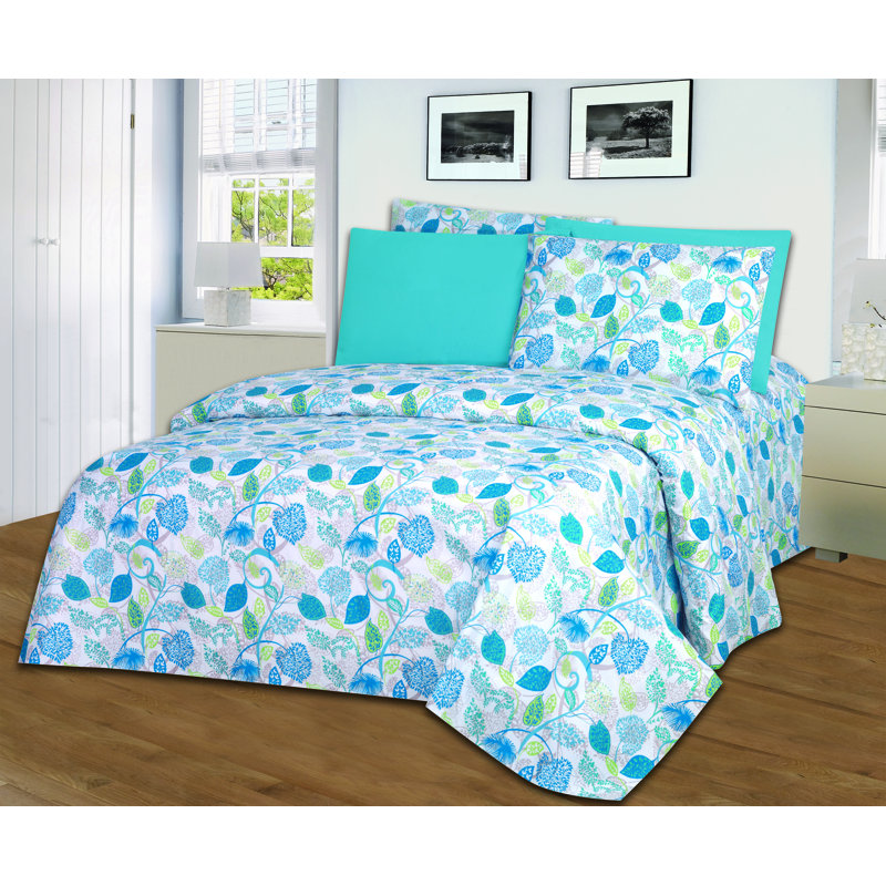 Microfiber Floral Fitted Sheet, Full/Double Fitted Sheet with 4 Pillowcases
