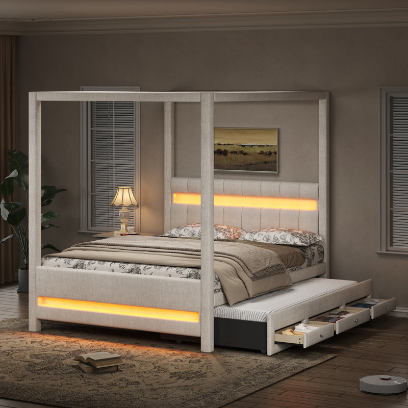 Grand lit plateforme à baldaquin tapissier avec lumières DEL, lit gigogne simple, 3 tiroirs de rangement, tête de lit, beige