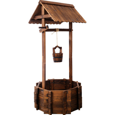 Rustic Wooden Patio Wishing Well Planter With Hanging Bucket And Shade Captivation, 25X25x53 Force,