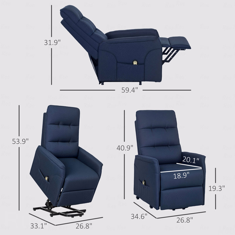 Canapé en tissu recouvert de tissu inclinable avec télécommande, avec fauteuil à fonction électrique, poches latérales, Bleu