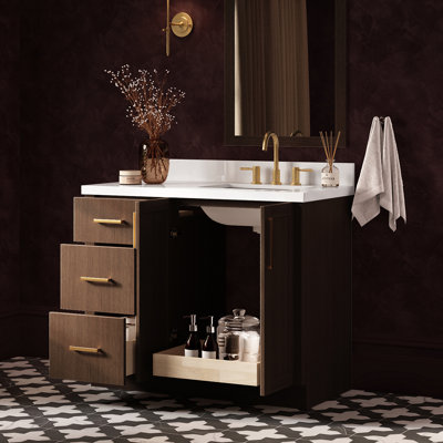 Meuble-lavabo rectangulaire simple décalé à droite de 43 pouces avec comptoir en quartz blanc pur et revêtement en chêne brun de 1,5 pouce d'épaisseur