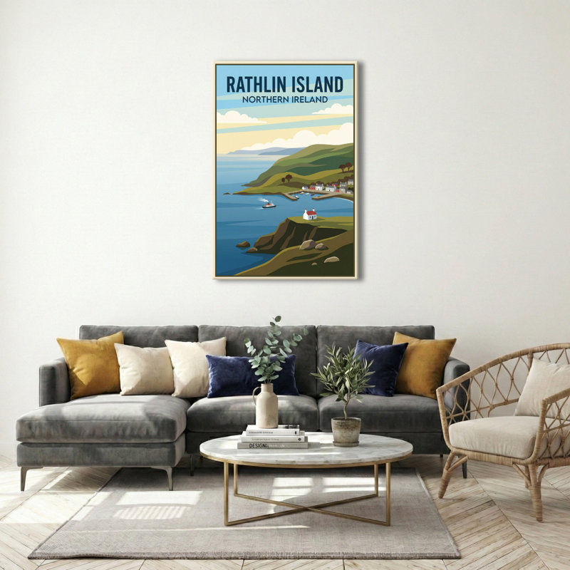 Rathlin Island, Northern Ireland - Romantic Coastal Travel Poster Of Cliffs, Harbour And Sea. Giclee Print On Wrapped Canvas. Wall Art, Home Decor - Natural Landmarks, Northern Ireland - Wrapped Canvas Print