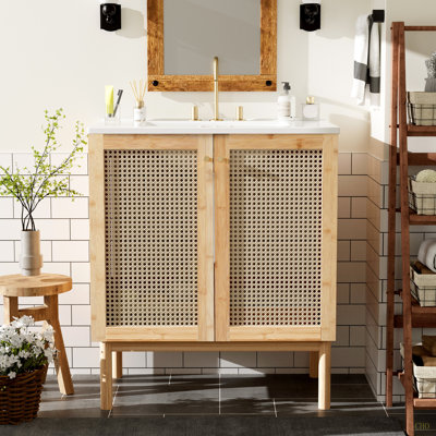 Meuble-lavabo de 30 pouces fabriqué à partir de matériaux naturels, avec des portes en rotin faites à la main et des mécanismes de fermeture en douceur