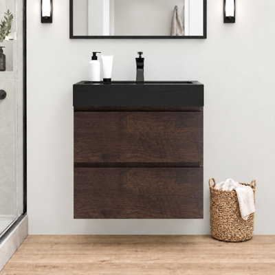 Meuble-lavabo suspendu moderne en noyer de 24 pouces avec lavabo intégré noir et 2 tiroirs de rangement, fixé au mur et entièrement assemblé