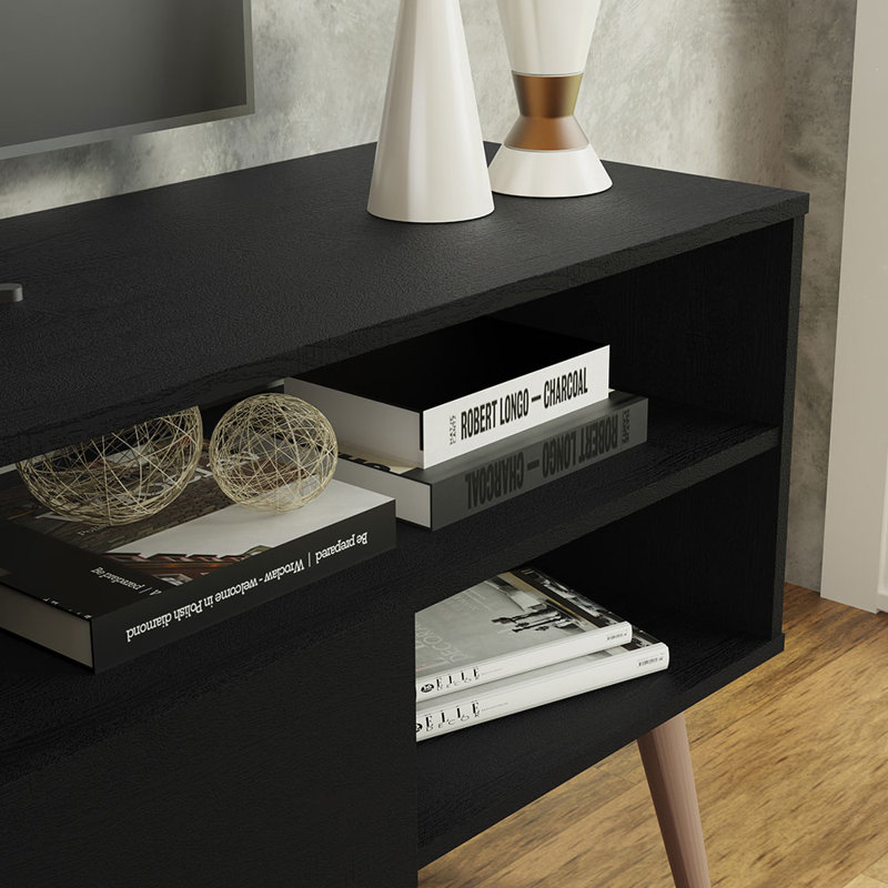 Modern TV Stand with 1 Door and 4 Shelves with Cable Management, Black