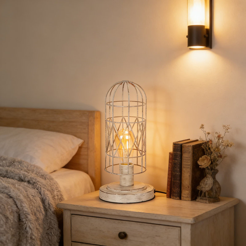 Lampe de table à contrôle tactile avec cage en chêne brossé, lampe de table de chevet à intensité variable à 3 voies pour chambre à coucher et salon, avec ampoule à DEL Edison