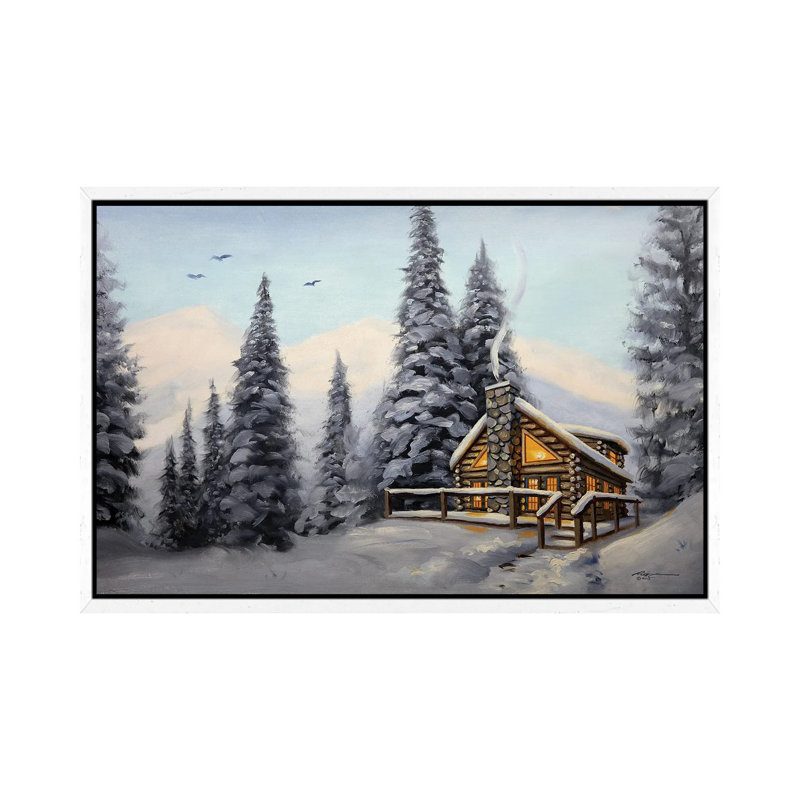 Cabin With Evergreens At Daylight by D. "Rusty" Rust - Floater Frame Gallery-Wrapped Canvas Giclée on Canvas, White