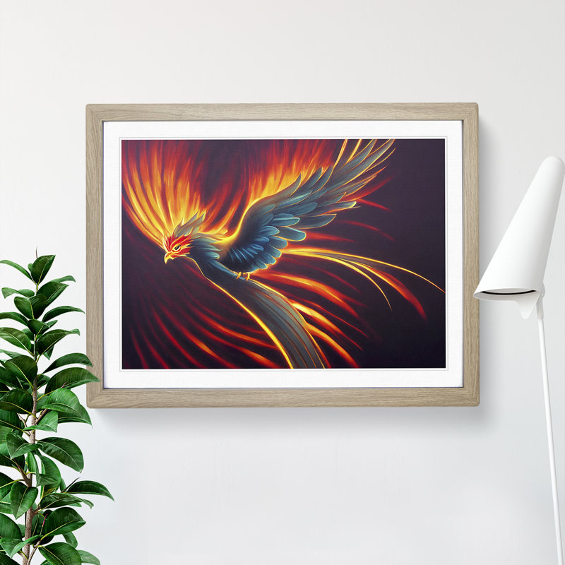 Explosive Phoenix Bird 1 Piece Single Picture Frame Wall Art, 34cm H x 46cm W x 2cm D, Oak