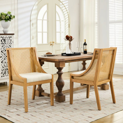 Chaise de salle à manger rembourrée en lin beige avec structure en bois d'hévéa massif et beige