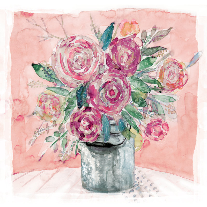 Watercolor Blooms In Bucket - Reproduction d'art sur toile tendue, H 30 po x l 30 po