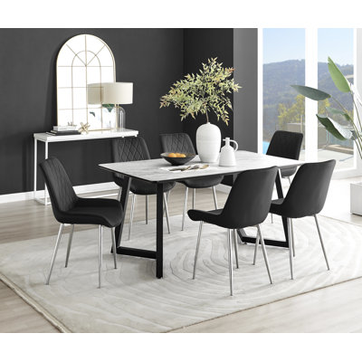 Industrial Design White & Grey Marble Effect Melamine Dining Table Set with 6 Luxury Velvet Chairs