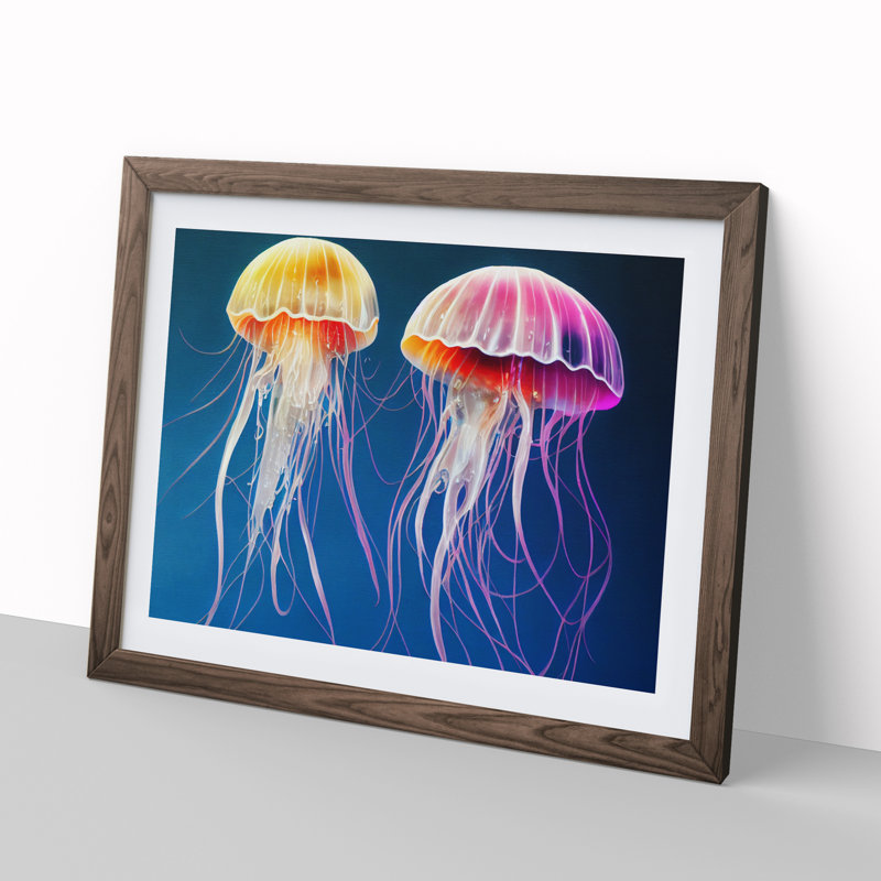 Jellyfish - Single Picture Frame Print, 25cm H x 34cm W x 2cm D, Walnut