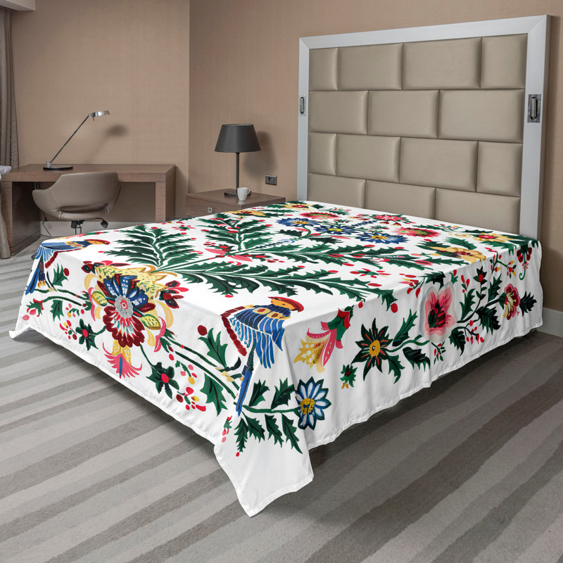 Drap plat moderne de style bohème Ambesonne, Motif floral vert / blanc, Full Flat Sheet
