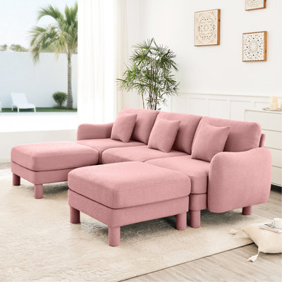 Rose, canapé modulaire en forme de U, 3, canapé, tissu bouclé, repose-pieds distinctif en forme de coquillage, pieds mobiles, pieds de bureau, 3 espaces modulaires roses de 2 repose-pieds uniques