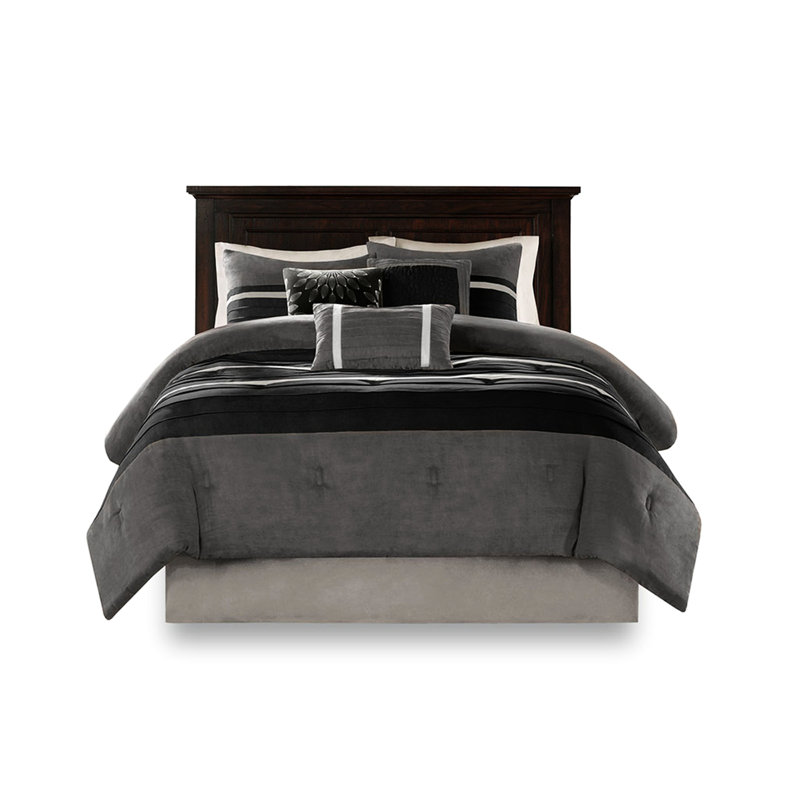 Ensemble de literie Queen noir, couette 7 pièces en imitation suède doux au toucher avec jupe de lit