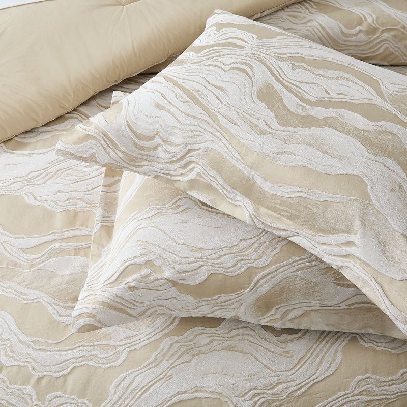 Cascade Wave Cotton Comforter Set Cream/White 3 Piece Set King, King Comforter + 2 King Shams, Cream