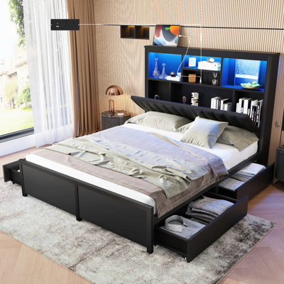 Très grande base de lit avec tête de lit haute, base de lit avec lumière DEL et station de charge, 4 tiroirs de rangement