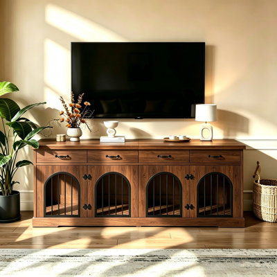 Cage pour 2 chiens de 180 cm (71 pouces), avec porte de séparation amovible, 4 tiroirs de rangement, table d'appoint et meuble télé pour chiens de petite et moyenne taille.