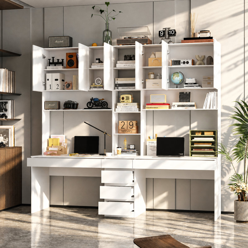86.6'' H Bookcase with Desk, Open Shelves, 4 Storage Cabinets and 6 Drawers