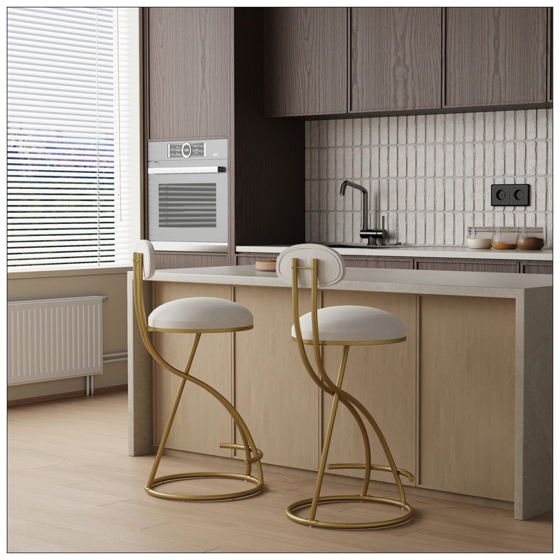 Round Bar Stool Armless Velvet Barstools With Back Set Of 2 Upholstered Counter Chair For Dining Room, Kitchen Island (Gold & Creamy White)
