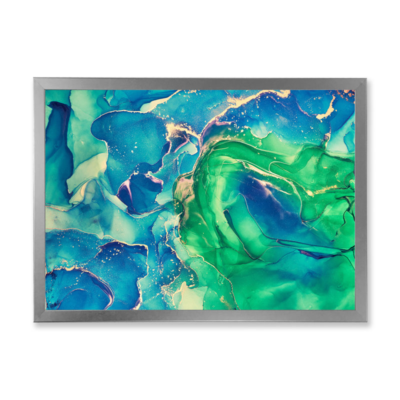 «Blue and Green Abstract Abstract Art I», reproduction sur toile, Cadre de coin fermé argenté, H 30 po x l 40 po
