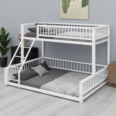 Floor Bunk Bed Frame With Ladder And Safety Guardrails