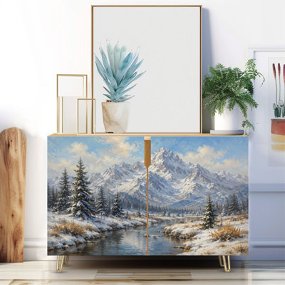 Buffet étroit de 35,4 po de largeur - armoire de rangement d'appoint à 2 portes avec paysage de montagnes enneigées, impression de ruisseau et pieds en métal