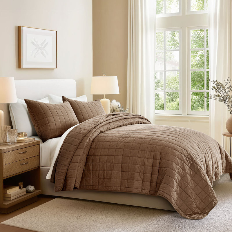 100% Cotton Box Stitch Quilt Set, King Quilt + 2 King Shams, Sienna Brown