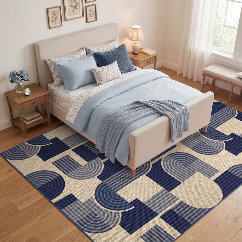 Tapis en jute à motif géométrique facile à nettoyer, Bleu, Rectangle 10' x 13'