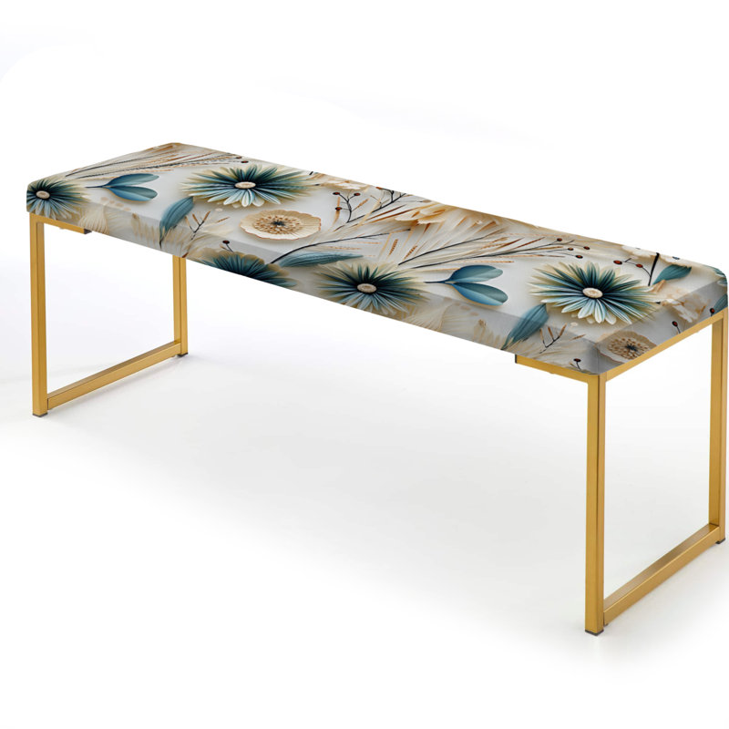 Floral Upholstered Gold Bench, Blue And White Coastal Retreat Seashells I 