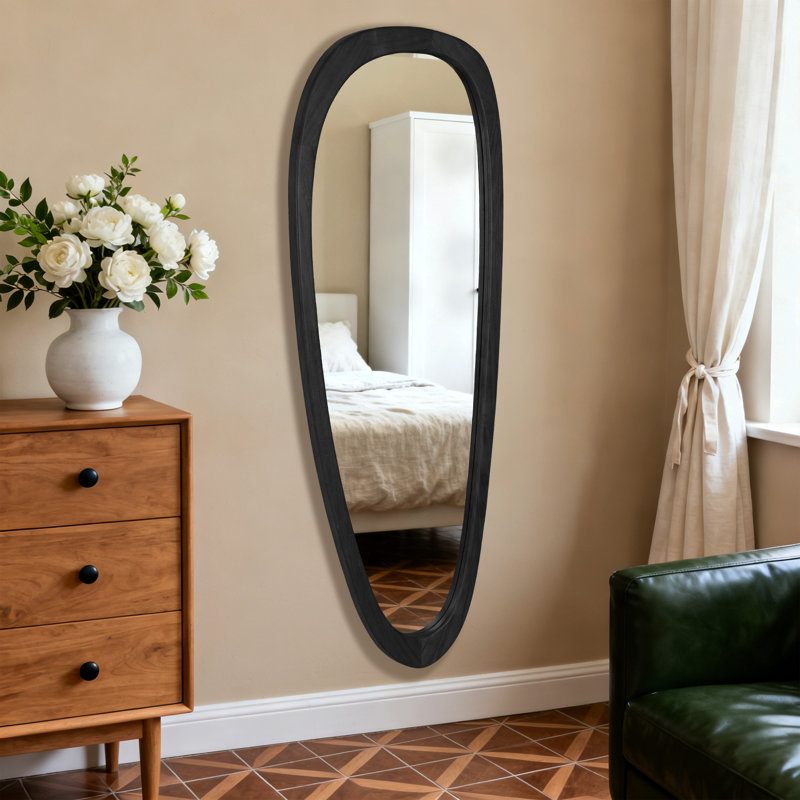 Miroir asymétrique irrégulier pleine longueur avec cadre en bois massif, miroir de plancher mural biologique, Noir