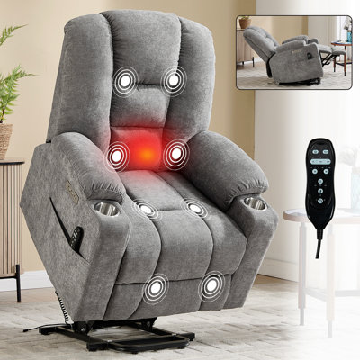 Fauteuil inclinable Lift avec massage et chaleur pour personnes âgées, fauteuils inclinables larges, mécanisme de mouvement robuste avec ports USB et de type C, 2 porte-gobelets en acier, bleu gris