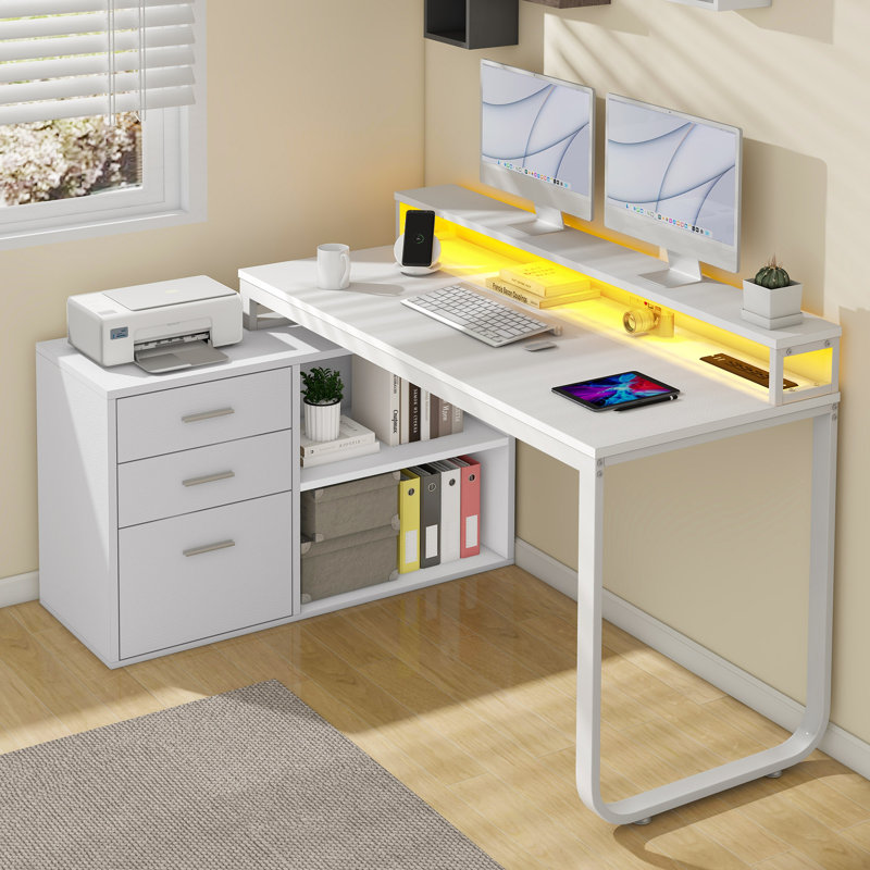 55'' L-Shape Computer Desk With LED Lights, Power Outlets & Drawer Shelves, White