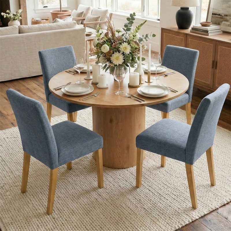 Danayla 4 - Person Dining Table Sets With 41.5'' Round Table & 4 Upholstered Linen Chairs, Blue