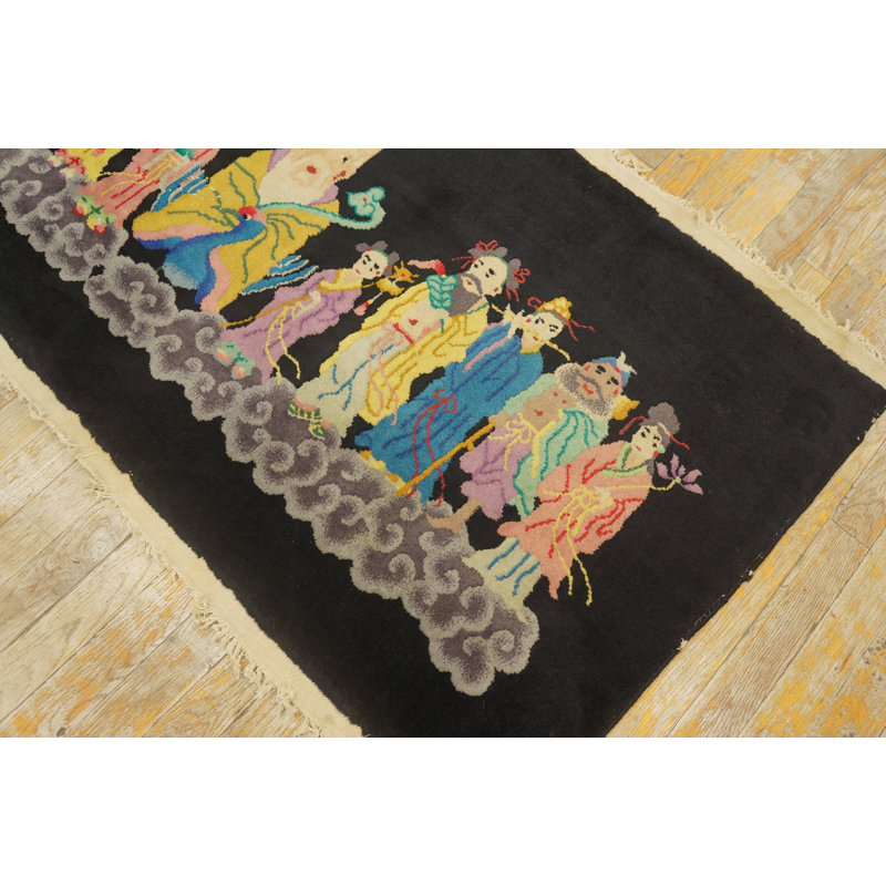 Antique Geometric Wool Hand Knotted Pile Black 1920s Rug