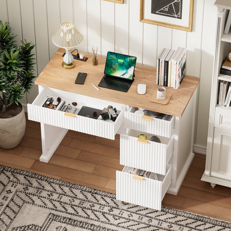 47’’ Fluted Executive Desk With Drawer And Charging, Wood Home Office Desks For Bedroom