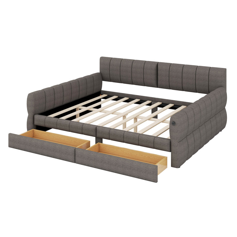 Grand lit de jour avec port USB et 2 tiroirs, Gris