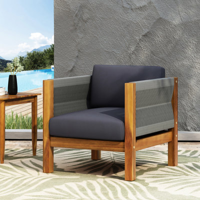Wood Poolside Comfort Chair, Handcrafted Rope Weave, Water- Cushioning, 25.37 In. Height Modern Swivel Club Weave Armrest, Fabric, 29.11 Width