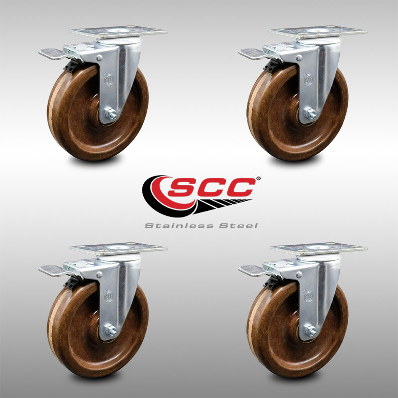 5 Inch SS High Temp Phenolic Top Plate Caster Set Total Lock Brake SCC