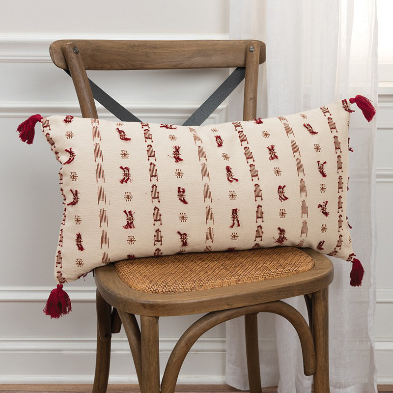 Magenta Beige Tribal Inspired Tasseled Lumbar Pillow, Rouge / Beige